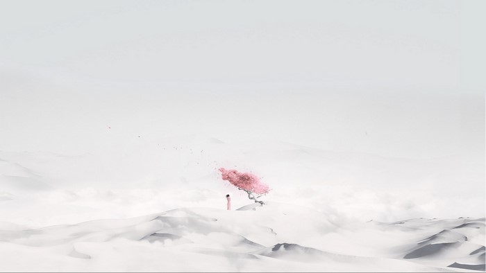 Minimalist artwork of a person by a sakura tree