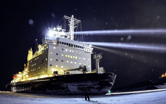 Nuclear-powered icebreaker Vaigach in the snow at night