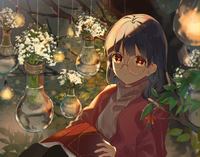Anime girl with glasses reading a book outdoors