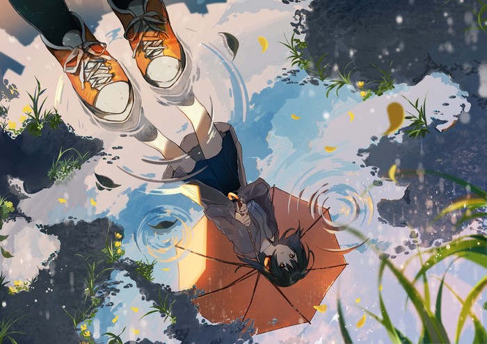 Anime girl with umbrella reflected in water with shoes