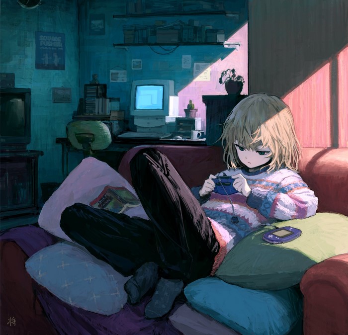 Anime girl playing a handheld game console on a sofa