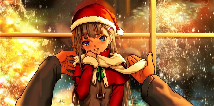 Winter Scene Featuring Anime Girl in Santa Hat