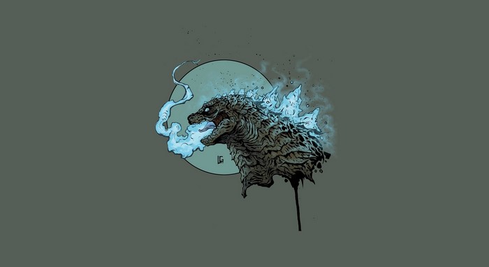 Godzilla breathing atomic breath with blue flames