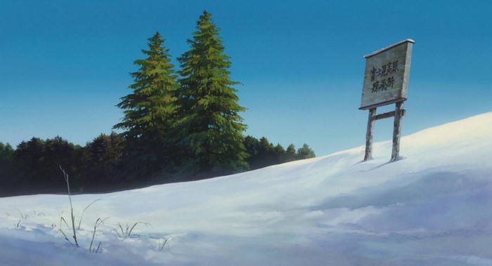 Winter landscape with trees and a sign in The Wind Rises