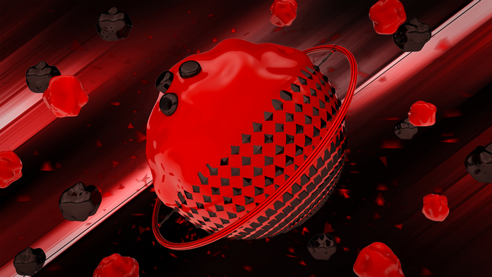 Abstract red and black sphere with floating particles