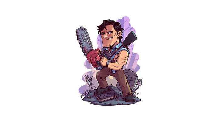 Ash from Evil Dead with chainsaw and shotgun