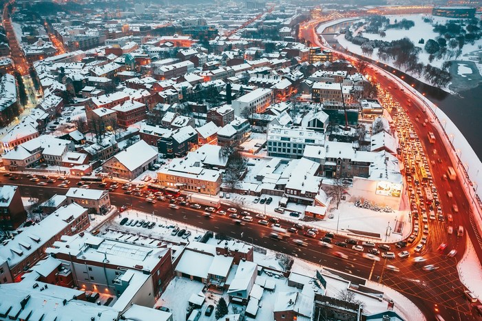 Aerial view of Kaunas, Lithuania during winter traffic jam