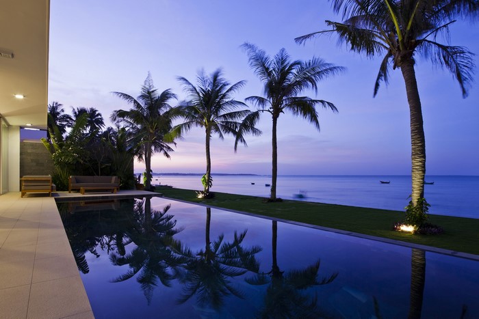 Modern luxury house with swimming pool and palm trees by the sea