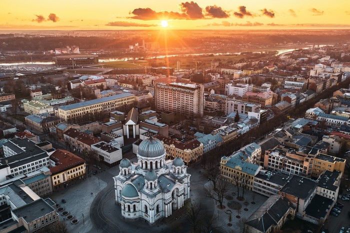 Christ's Resurrection Church, Kaunas, Lithuania at sunrise