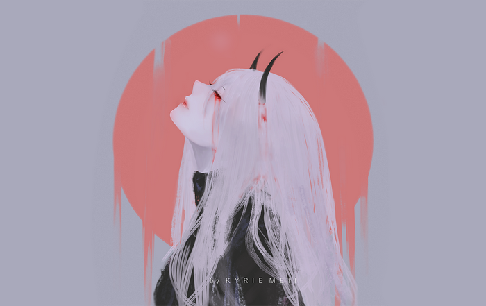 Anime girl with white hair and horns, digital art