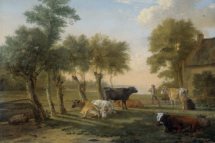 Farm scene with cows and trees