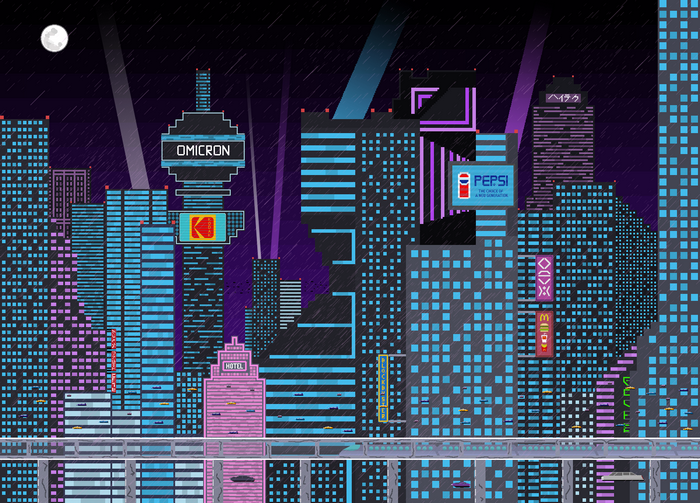 Pixel art cityscape with Omicron tower, Kodak, and Pepsi signs at night