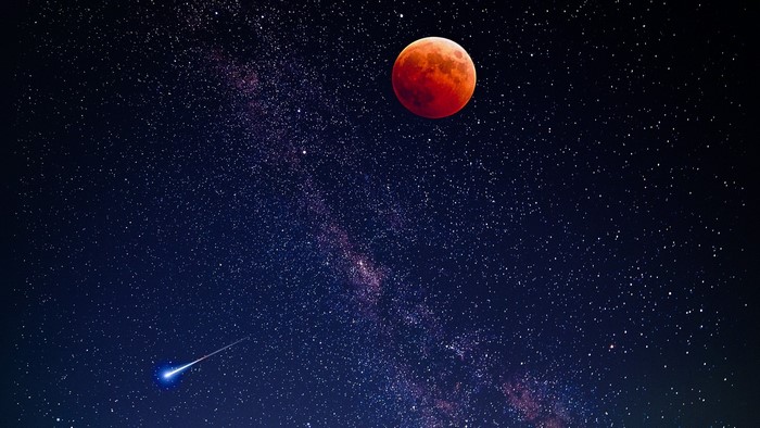 Blood Moon and Meteor Shower in Starry Night Sky