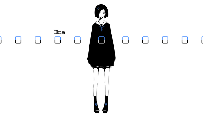 Olga anime character with blue square icons