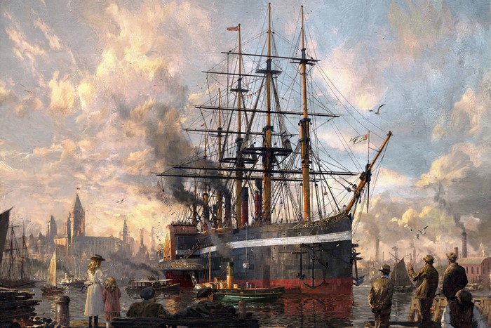 Painting of a large ship in a harbor with a city in the background