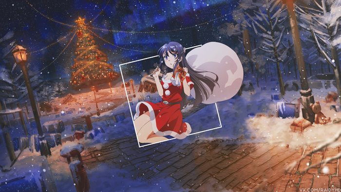 Anime girl in Santa outfit with gift bag