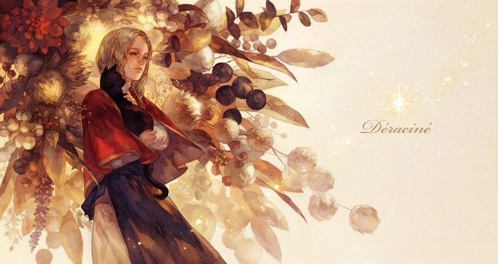 Anime girl holding a black cat with flowers