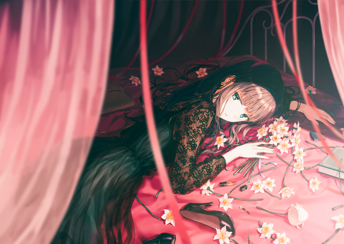 Anime girl in black lace dress on pink bed with flowers