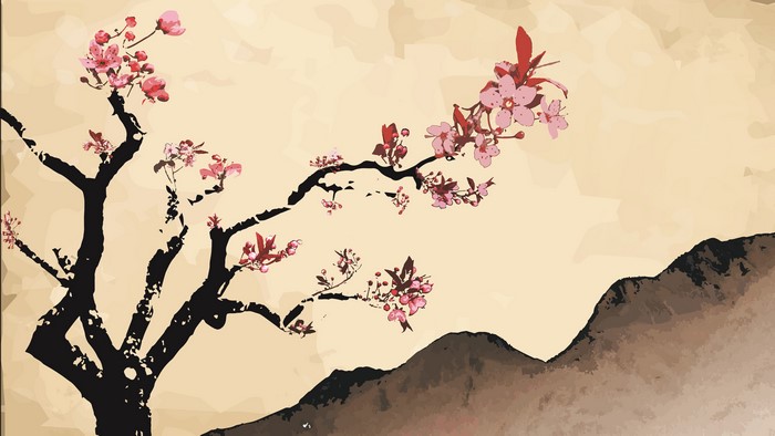 Sakura tree with pink flowers and mountains