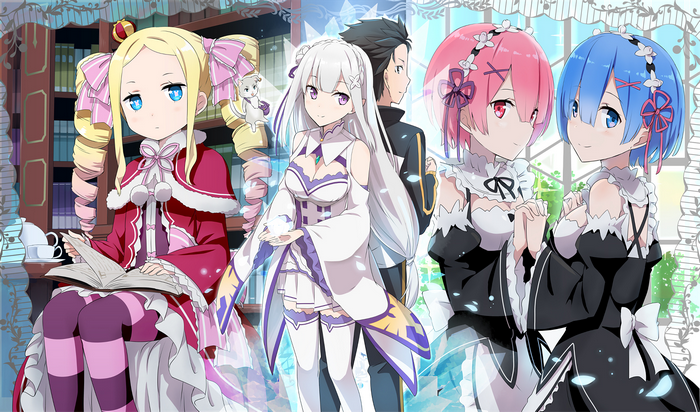 Beatrice, Emilia, Subaru, Ram, and Rem from Re:Zero