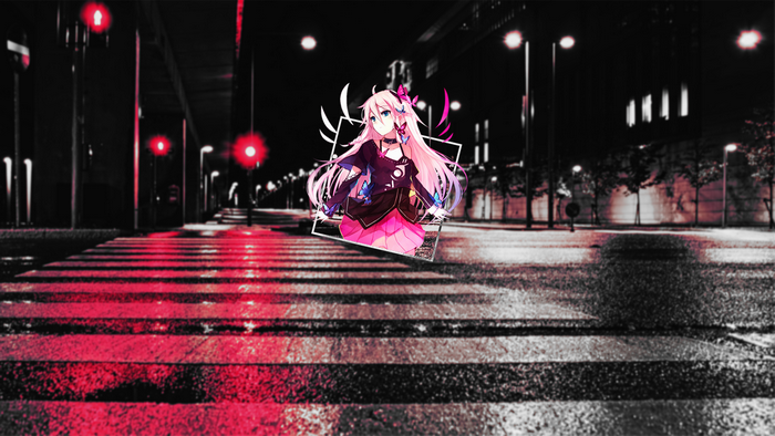 Anime girl with pink hair on a city street at night
