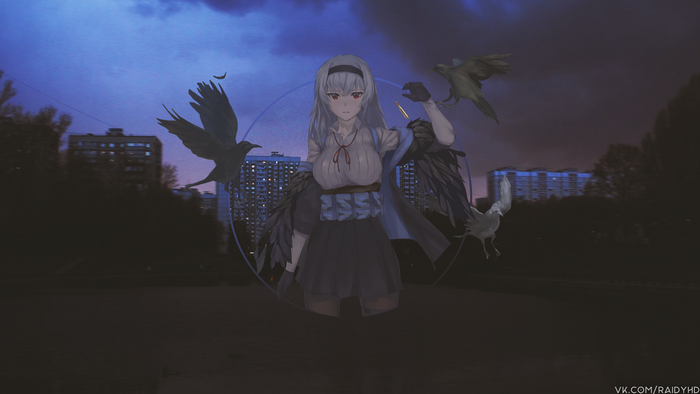 Anime girl with crows and birds