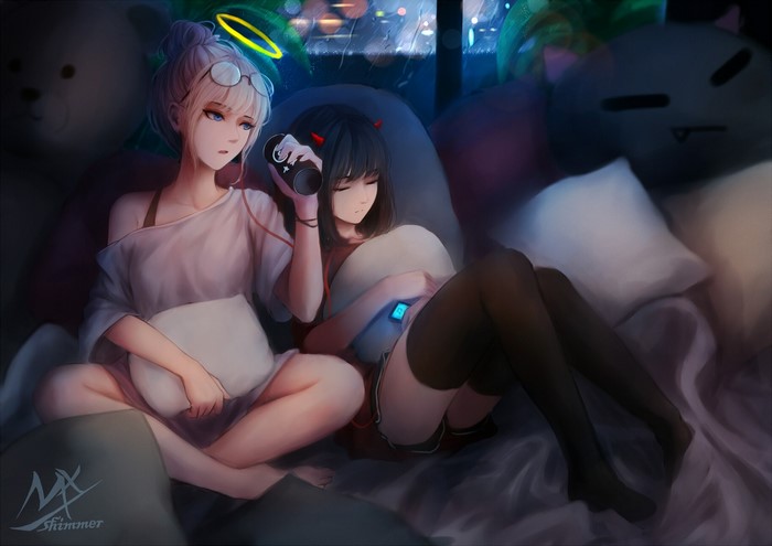 Anime girls with halo and horns listening to music