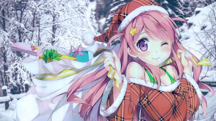 Anime girl with pink hair and Santa hat holding presents in snow