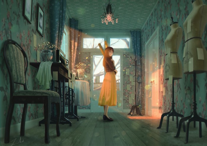 Anime girl in yellow dress in a sewing room