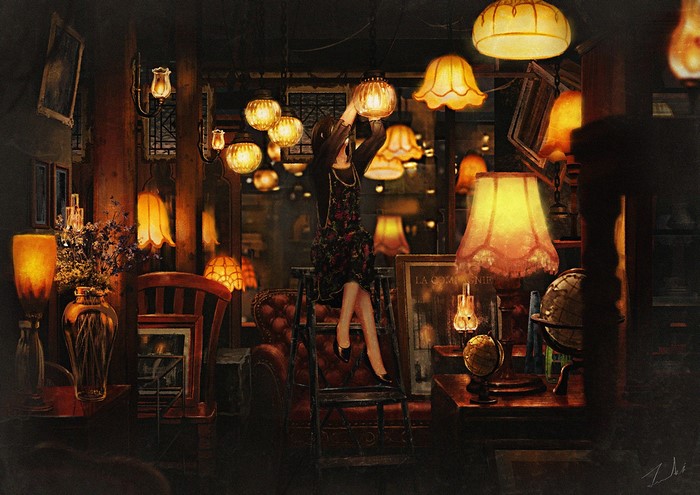 Woman in a room with lamps and antiques