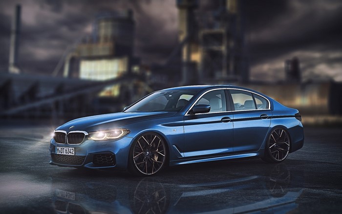 Blue BMW 5 Series Sedan with Custom Wheels