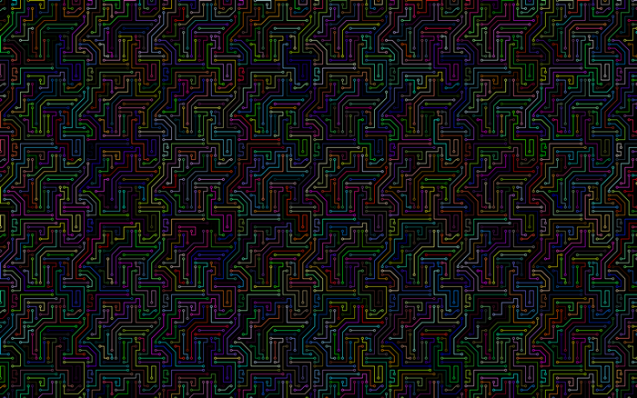 Colorful circuit board pattern on black background