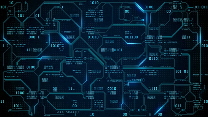 Glowing Circuit Board with Binary Code