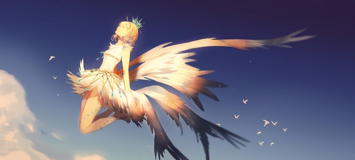Anime girl with wings and crown in the sky