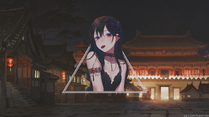 Anime girl in black dress with traditional Asian buildings