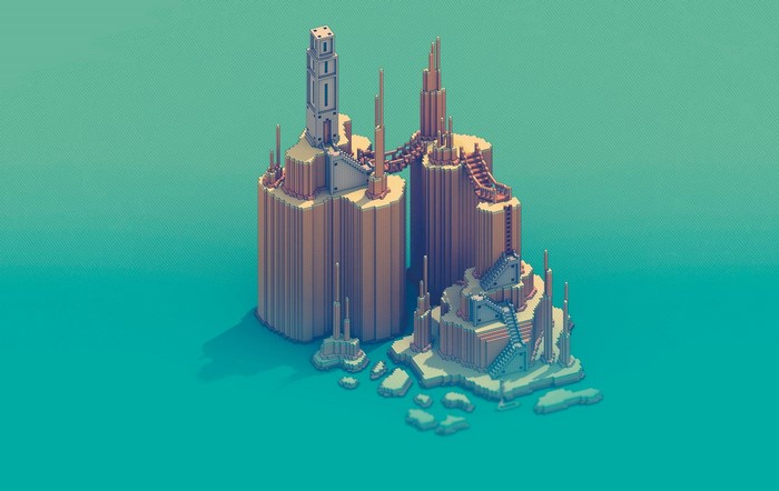 Pixelated island towers connected by bridges