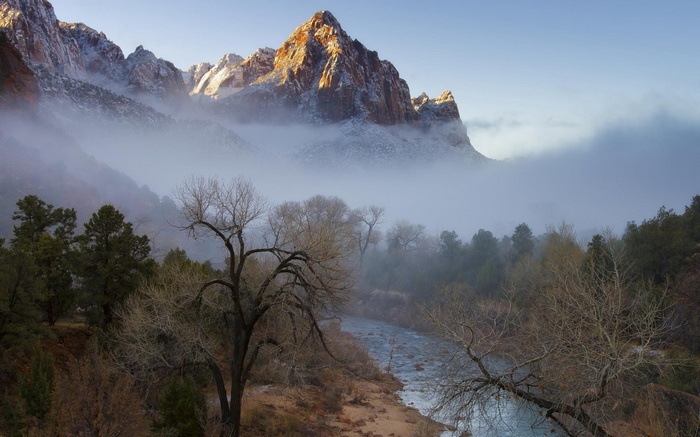 Misty Mountains and River in Zion National Park