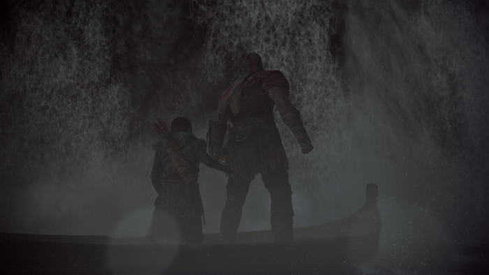Kratos and Atreus from God of War (2018) in a boat