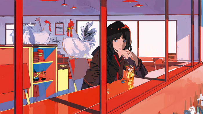 Anime girl in a cafe with chickens