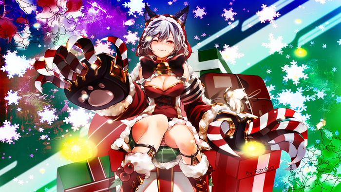 Anime girl in Christmas outfit with candy cane claws