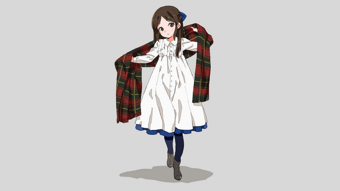 Anime girl with long brown hair wearing a white dress and scarf