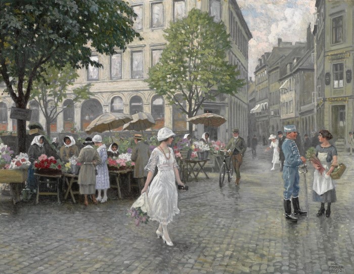 A painting of a city street scene with flower vendors