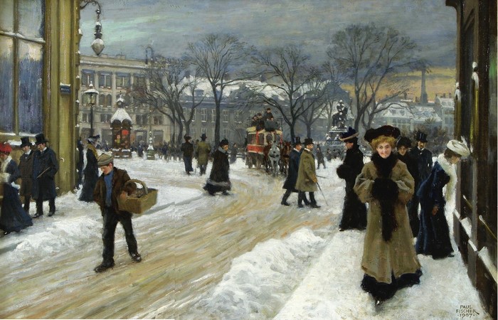 Winter Street Scene with People and Horse-Drawn Carriage