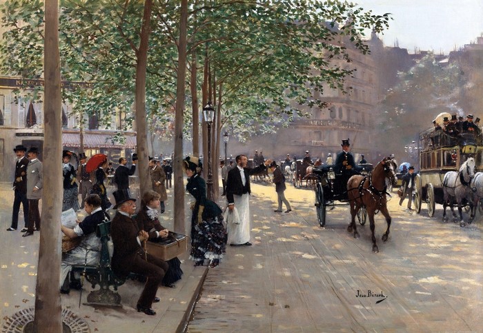 Parisian Street Scene with Carriages and Pedestrians by Jean Beraud