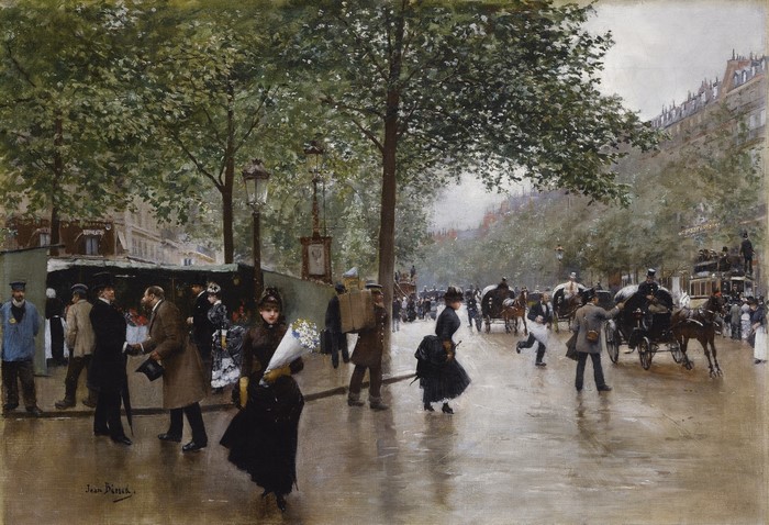 Parisian Street Scene with Pedestrians and Carriages by Jean Beraud