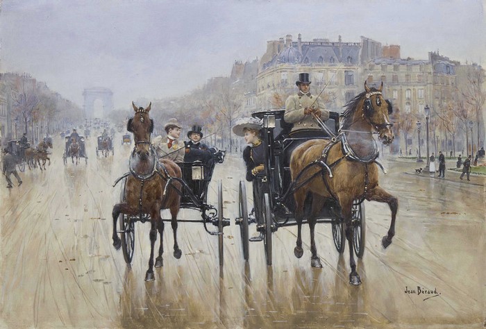 Jean Beraud painting of horse-drawn carriages on a Paris street