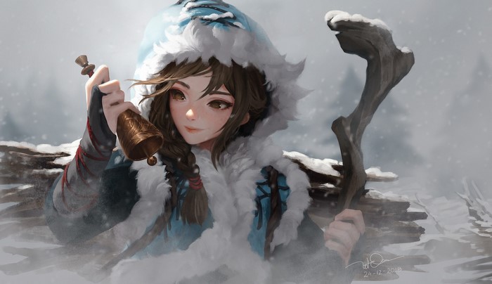 Artwork of a girl holding a bell in the snow