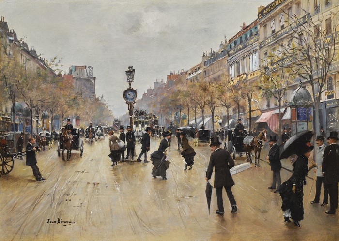 Parisian Street Scene with Horse-Drawn Carriages and Pedestrians by Jean Beraud