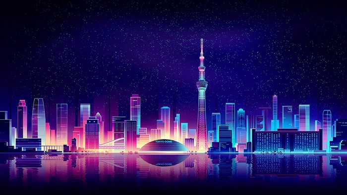 Tokyo cityscape with Tokyo Skytree and Tokyo Dome at night