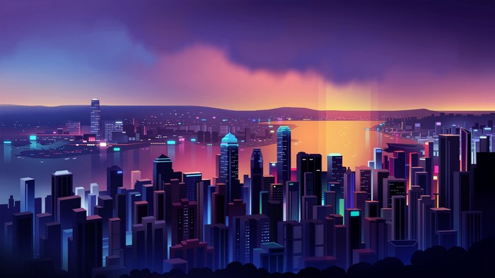 City skyline at sunset with colorful lights